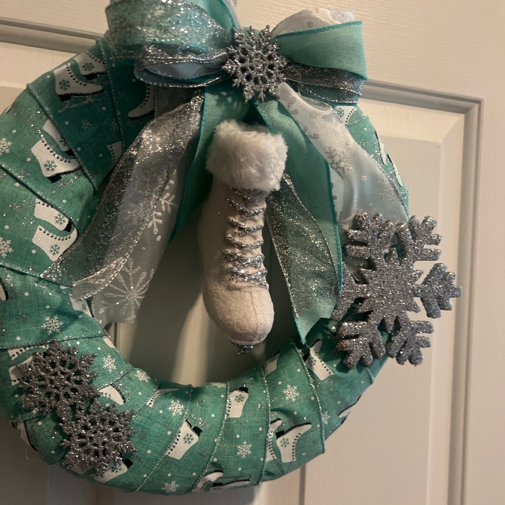 Festive Teal and Silver  Ice Skating 12 Inch Holiday Wreath